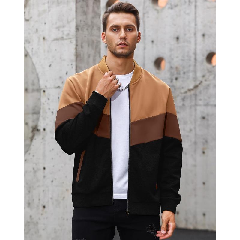 Mens Lightweight Jacket Casual Bomber Jacket Color Block Varsity Coat Fabric Menswear pocket jacket zipper Classic coat outdoor