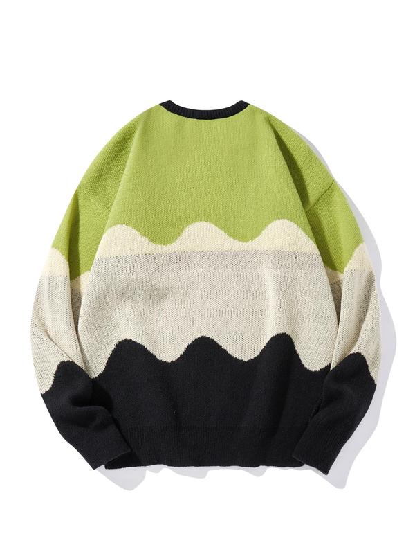 Men's Colorblock & Cartoon Dinosaur Print Round Neck Sweater, Regular Fit Casual Drop Shoulder Long Sleeve Jumper, Men's Knitwear for Fall & Winter