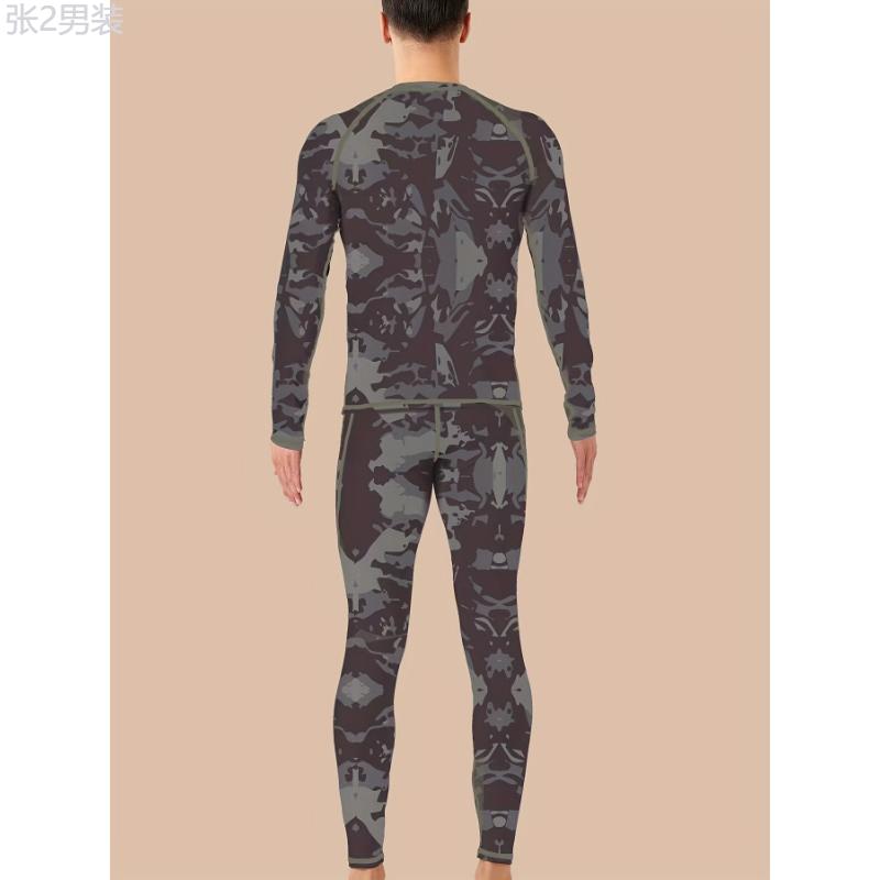 Camouflage Print Thermal Underwear For Men, Long Johns Set With Fleece, Winter Hunting Outdoor Running Cycling Ski Equipment Sports Yoga Fitness Base Layer Sport Top & Bottom Menswear Spandex Collar Fabric Sleeve Socks Stretch Knife Crewneck Round Neck