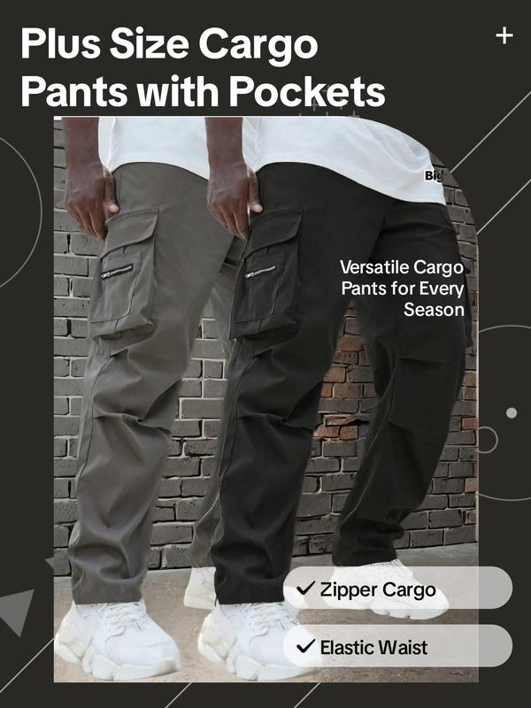 Men's Plus Size Solid Pocket Zipper Cargo Pants, Casual Street Elastic Waist Trousers for Daily Wear, Men's Plus Size Bottoms for All Seasons Sweatpants Outfit Guy