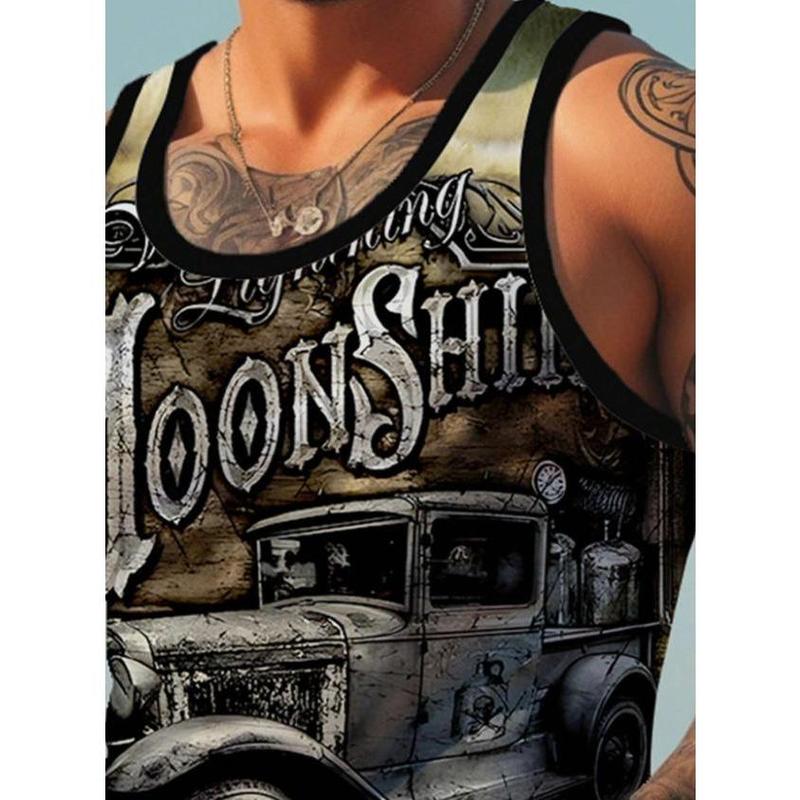 Men's Summer Sleeveless Letter & Car Printed Casual Tank Top