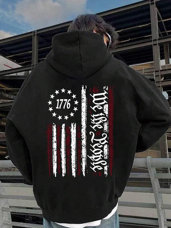 Men's American Flag Print Drop Shoulder Hoodie, Regular Fit Fashion Casual Drawstring Pocket Hooded Sweatshirt for Daily Holiday Outdoor Wear, Casual Men Clothes for Spring & Fall