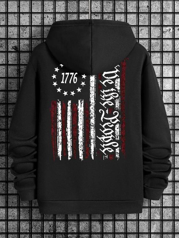 Men's American Flag Print Drop Shoulder Hoodie, Regular Fit Fashion Casual Drawstring Pocket Hooded Sweatshirt for Daily Holiday Outdoor Wear, Casual Men Clothes for Spring & Fall