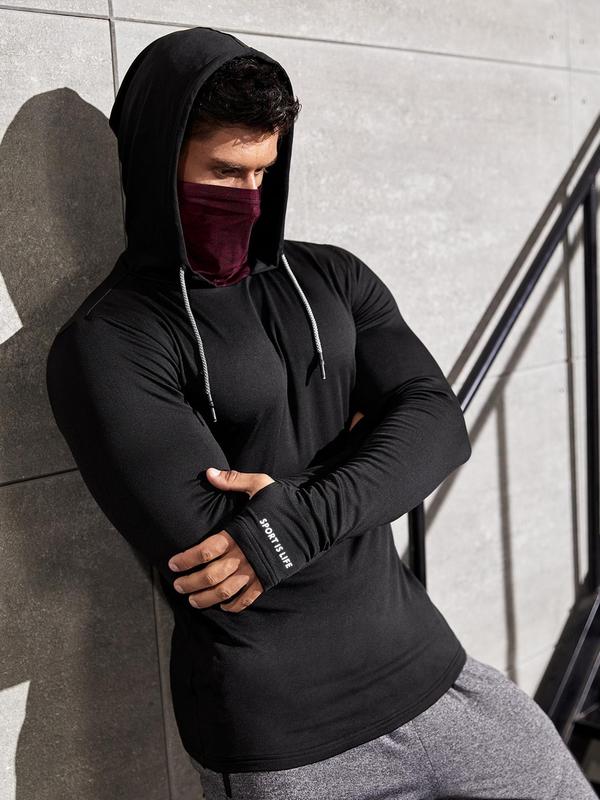 Men's Colorblock 2 in 1 Drawstring Hooded Sports Tee with Face Mask, Slim Sporty Casual Long Sleeve T-shirt, Gym Clothes for Men, Compression Shirt, Men Sport & Outdoor Clothing for Gym Workout Running, 2000s Athletic Clothes, Summer Tops 2024