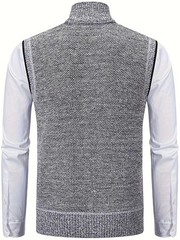 Men's Solid Zip Up Funnel Neck Vest Jacket, Regular Fit Casual Pocket Sleeveless Knitwear for Fall & Winter, Men's Knit Clothing for Daily Wear