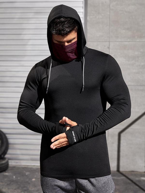 Men's Colorblock 2 in 1 Drawstring Hooded Sports Tee with Face Mask, Slim Sporty Casual Long Sleeve T-shirt, Gym Clothes for Men, Compression Shirt, Men Sport & Outdoor Clothing for Gym Workout Running, 2000s Athletic Clothes, Summer Tops 2024