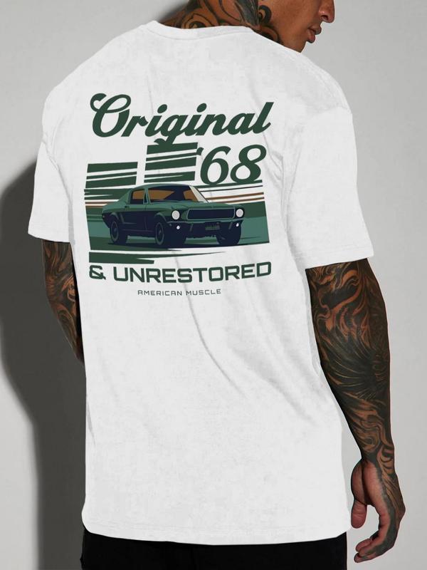 Men's Regular Fit Vintage Car & Letter Print Round Neck Shortsleeve Tee, Casual Short Sleeve Crew Neck T-shirt for Daily Streetwear, Men's Top for All Seasons, Graphic Tees