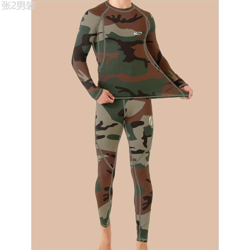 Camouflage Print Thermal Underwear For Men, Long Johns Set With Fleece, Winter Hunting Outdoor Running Cycling Ski Equipment Sports Yoga Fitness Base Layer Sport Top & Bottom Menswear Spandex Collar Fabric Sleeve Socks Stretch Knife Crewneck Round Neck