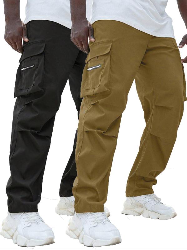 Men's Plus Size Solid Pocket Zipper Cargo Pants, Casual Street Elastic Waist Trousers for Daily Wear, Men's Plus Size Bottoms for All Seasons Sweatpants Outfit Guy