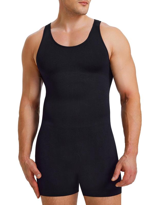 Men's Solid Scoop Neck Open Crotch Shapewear Bodysuit, High Stretch Tummy Control Compression Shapewear Romper, Men's Shapewear for All Seasons