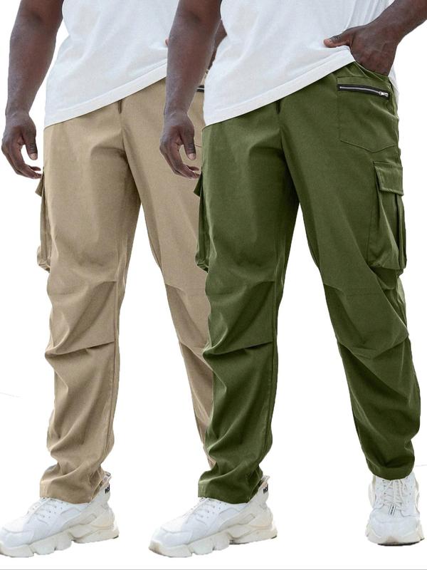 Men's Plus Size Solid Pocket Zipper Cargo Pants, Casual Street Elastic Waist Trousers for Daily Wear, Men's Plus Size Bottoms for All Seasons Sweatpants Outfit Guy