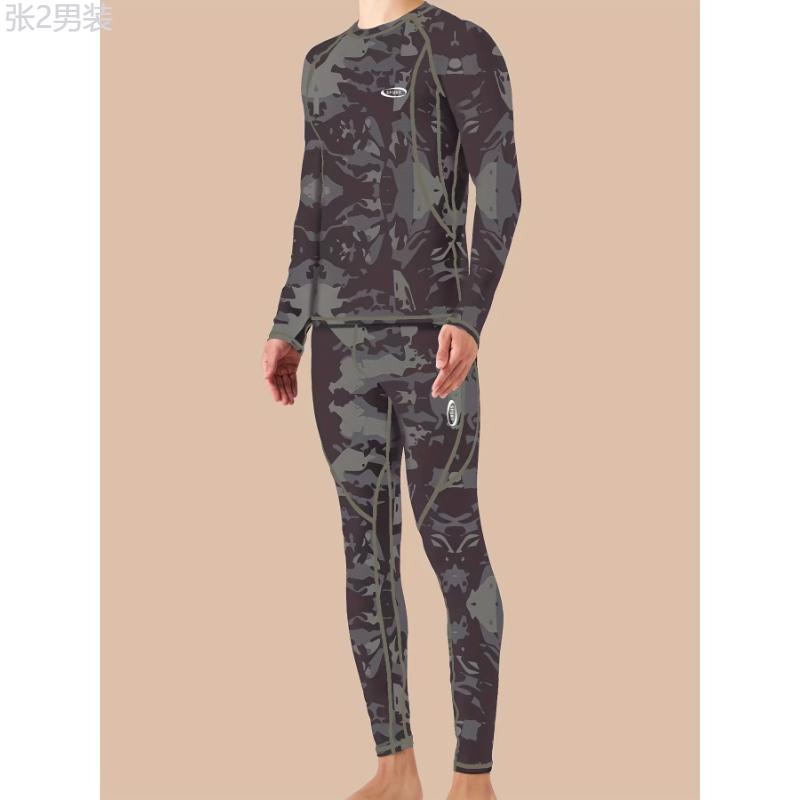 Camouflage Print Thermal Underwear For Men, Long Johns Set With Fleece, Winter Hunting Outdoor Running Cycling Ski Equipment Sports Yoga Fitness Base Layer Sport Top & Bottom Menswear Spandex Collar Fabric Sleeve Socks Stretch Knife Crewneck Round Neck