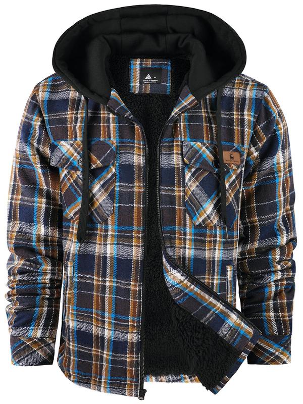 Men's Regular Fit Plaid Print Patched Drawstring Zip Up Hooded Jacket, Casual Long Sleeve Pocket Thermal Lined  Outerwear for Fall & Winter, Men's Clothes for Daily Wear