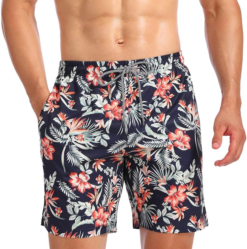 Mens Swim Trunks Summer Hawalian Quick Dry Beach Shorts Mens Over-the-knee Digital Print Drawstring Swim Pants Black Flowers Coconut Trees Leaves Fashion Casual Shorts