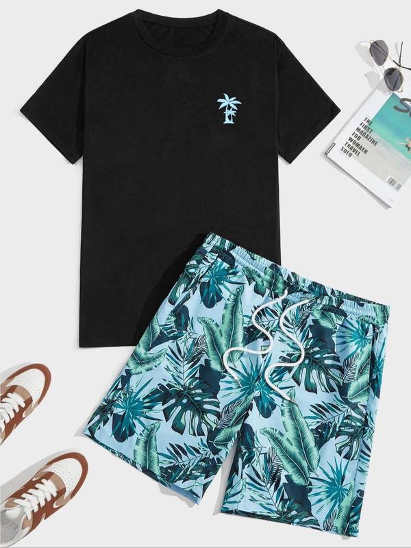 Two-piece Set Men's Coconut Tree Print Tee & Leaf Print Drawstring Shorts Set, Regular Fit Round Neck Short Sleeve T-shirt & Pocket Elastic Waist Beach Shorts, Summer Outfits 2024