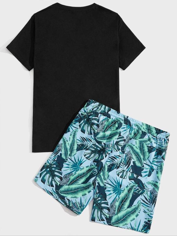 Two-piece Set Men's Coconut Tree Print Tee & Leaf Print Drawstring Shorts Set, Regular Fit Round Neck Short Sleeve T-shirt & Pocket Elastic Waist Beach Shorts, Summer Outfits 2024