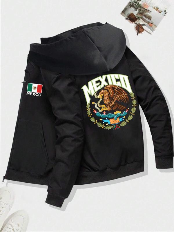 Men's Regular Fit Mexican Flag & Eagle Print Hoodie, Casual Letter Print Long Sleeve Hooded Sweatshirt for Fall & Winter, Men's Top for Daily Wear