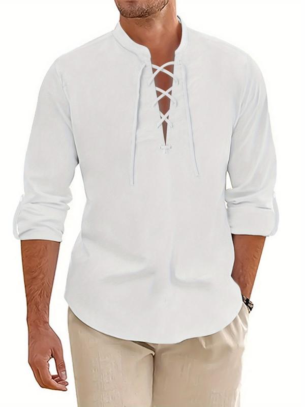 Retro Style Casual Daily Solid Henley Tee for Men with Stand Collar and String, perfect for Spring Fall