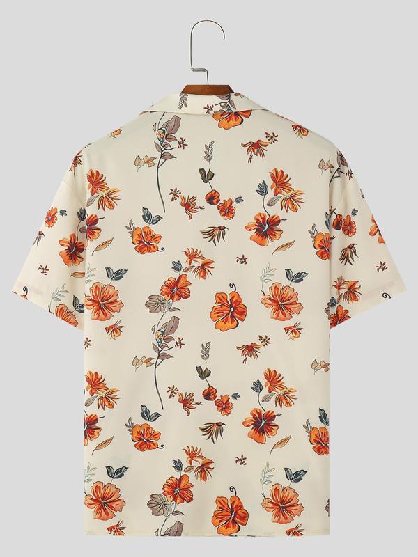 Men's Floral Print Button Front Polo Vintage Shirt, Loose Casual Short Sleeve Polo Collar Top for Summer, Fashion Men's Clothes for Beach Vacation Summer Shirt