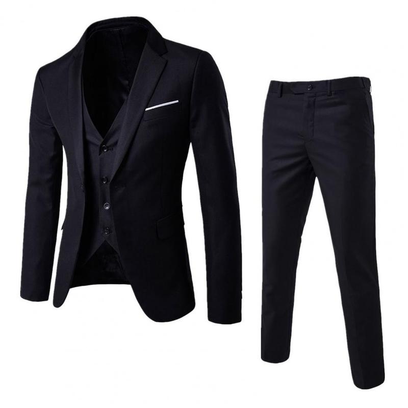 Men Three-piece Suit Elegant Men's Formal Business Suit Set with Slim Fit Coat Pants Vest Solid Color Groom Wedding Attire