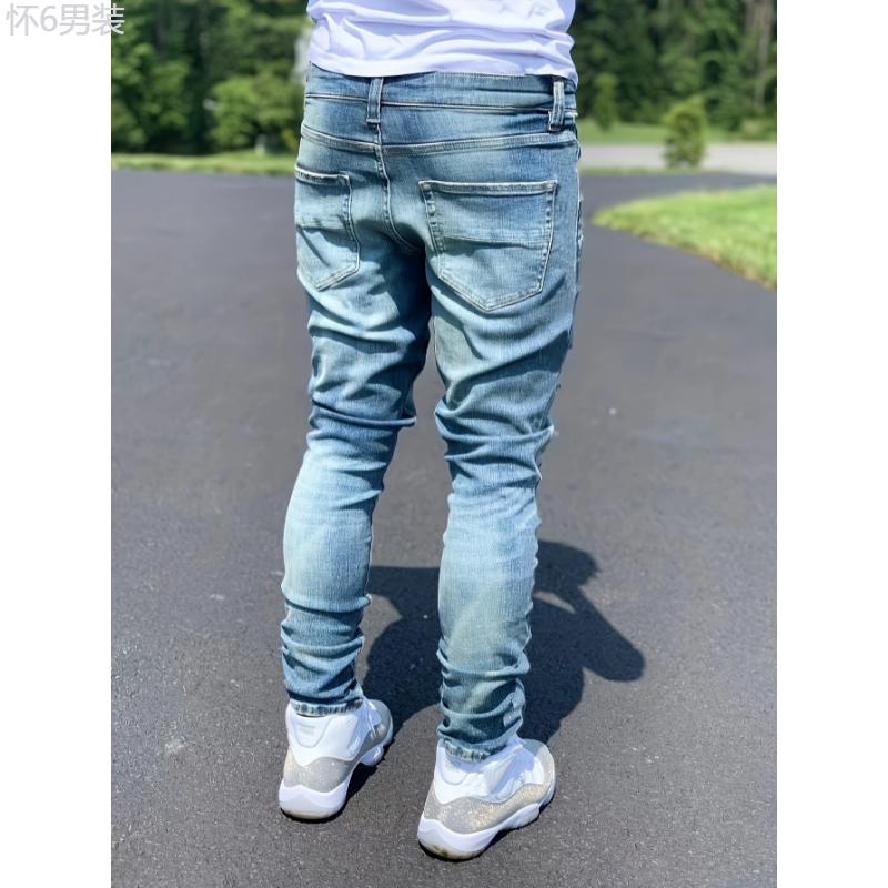 For All Seasons Slim Fit Vintage Style Denim Ripped Jeans Pants For Men Menswear Polyester