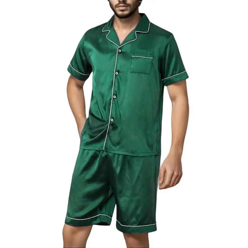 Men's Short Sleeve Soft Satin 2 Piece Pajamas Sleepwear Button Down Pjs Set Classic Loungewear