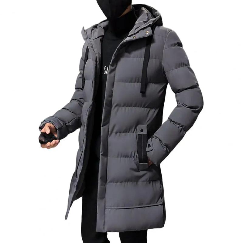 Men Long Down Jackets WinterCotton Padded Hooded Long Sleeve Drawstring Mid-length Windbreaker for Daily Wear