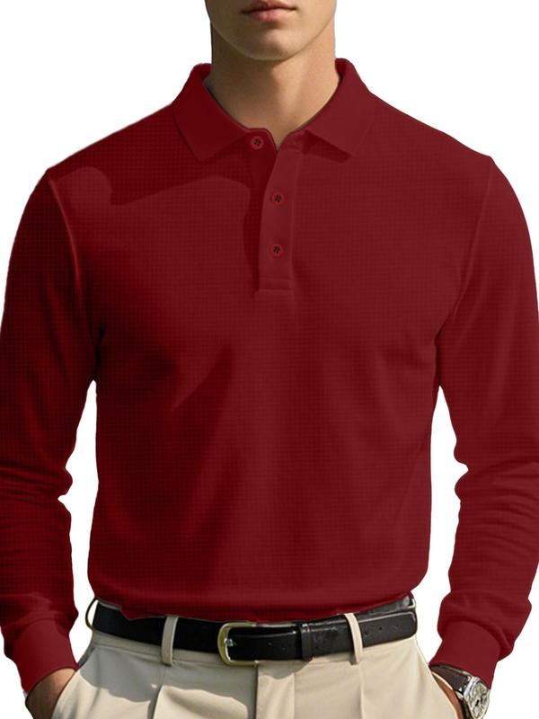 Men's Solid Long Sleeve Polo Shirt, 2024 New Style Regular Fit Casual Button Front Top for Spring & Fall, Fashion Men's Clothes for Daily Wear