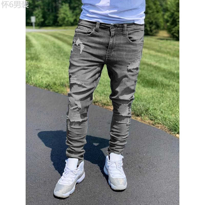 For All Seasons Slim Fit Vintage Style Denim Ripped Jeans Pants For Men Menswear Polyester