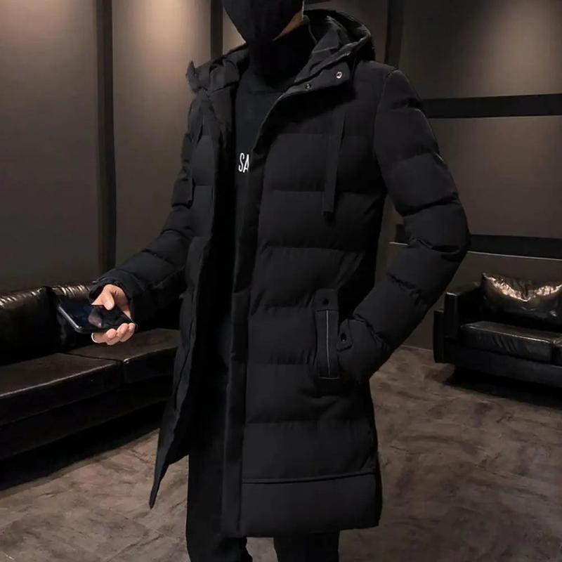 Men Long Down Jackets WinterCotton Padded Hooded Long Sleeve Drawstring Mid-length Windbreaker for Daily Wear