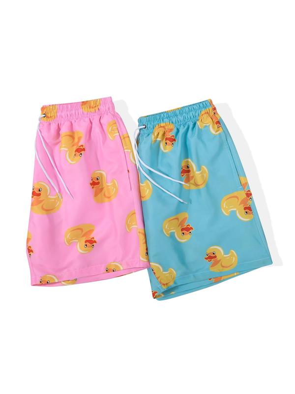 Men's Cartoon Duck Print Drawstring Shorts Set, Casual Elastic Waist Pocket Track Shorts for Summer, Back To School Outfits, Men's Bottoms for Outdoor Beach Holiday Vacation, Shorts for Men, Menswear