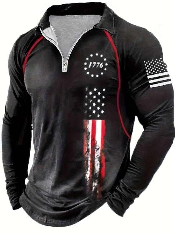 Men's Star & Figure Print Zip Up 4th Of July Polo Shirt, Casual Raglan Sleeve Collared Top for Daily Outdoor Sport, Fall Clothes, Fashion Men's Clothes for All Seasons