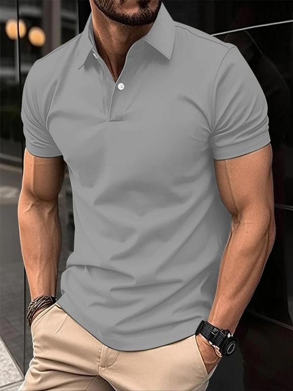 Men's Solid Short Sleeve Polo Shirt, Casual Regular Fit Button Front Collared Top for Summer, Fashion Men's Clothes for Daily Streetwear