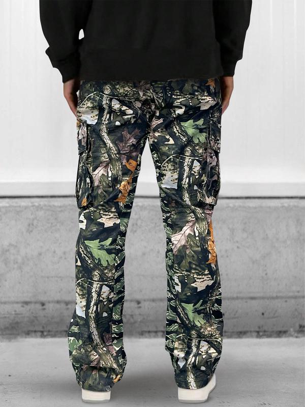 Unisex Men's All Over Print Pocket Flare Leg Cargo Pants, Loose Street Drawstring Waist Trousers, Pants for Men, Summer Bottoms for Daily Wear, Teacher Outfits 2024, Vintage Men Clothing