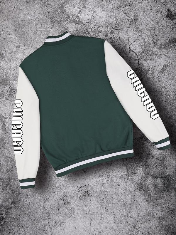 Unisex Men's Colorblock Letter & Number Print Button Front Varsity Jacket, Regular Fit Casual Long Sleeve Pocket Outerwear for Fall & Winter, Men's Clothes for Daily Wear