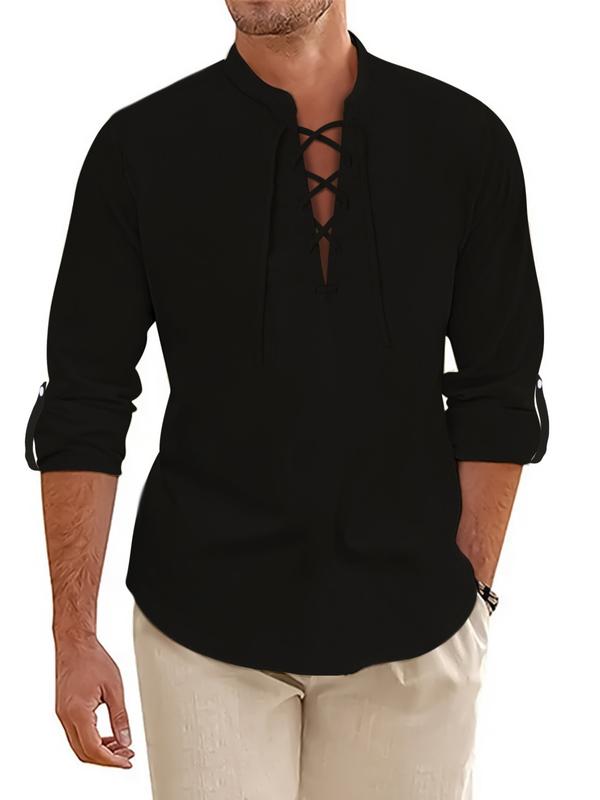 Retro Style Casual Daily Solid Henley Tee for Men with Stand Collar and String, perfect for Spring Fall