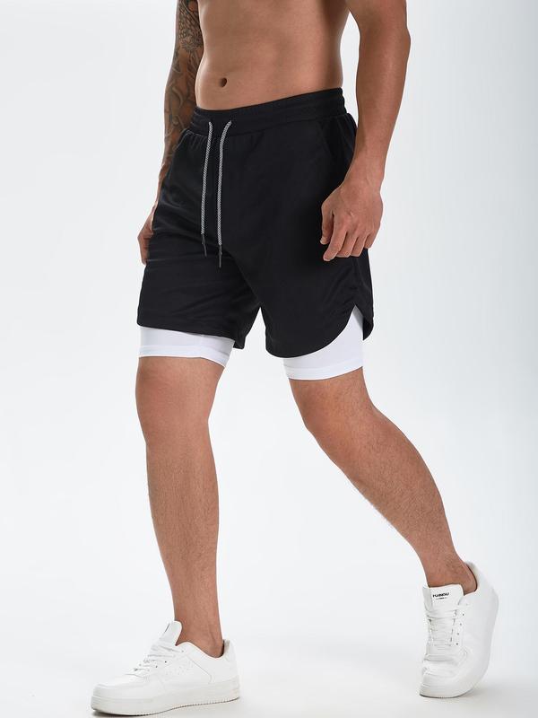 Men's 2 in 1 Drawstring Waist Shorts, Regular Fit Casual Pocket Shorts for Summer, Men's Bottoms for Daily Wear