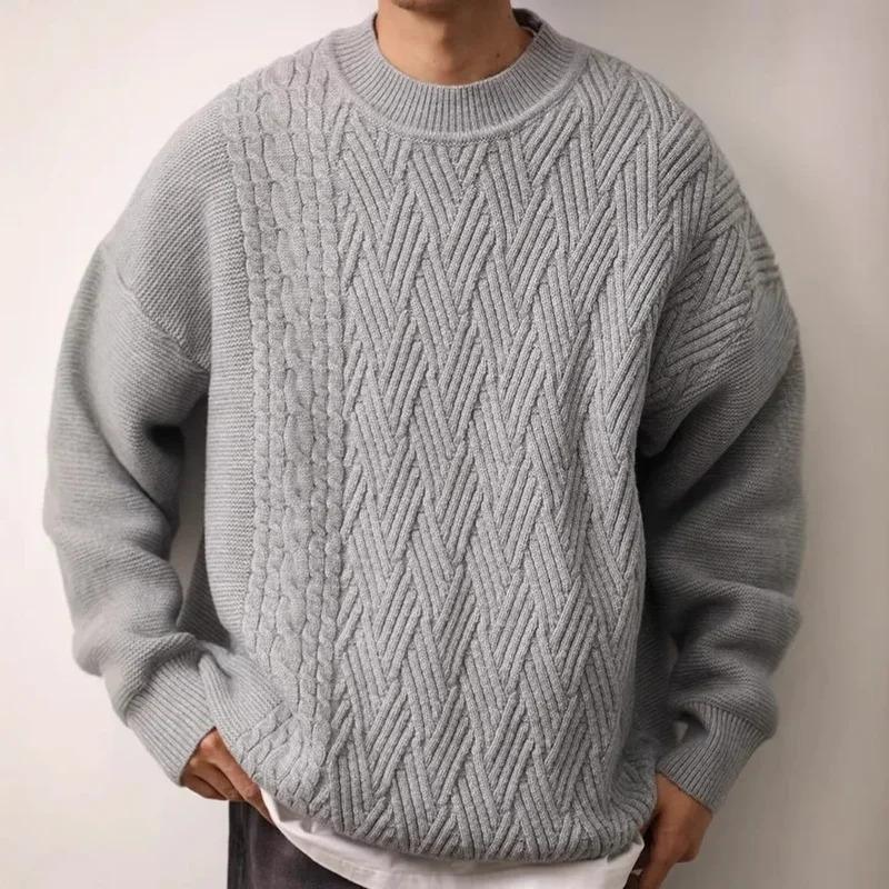 Autumn Winter Japanese Vintage Solid Color Sweater Men Women's Cable Knit Round Neck Warm Knitted Top Woolen Underwear Couple Ba