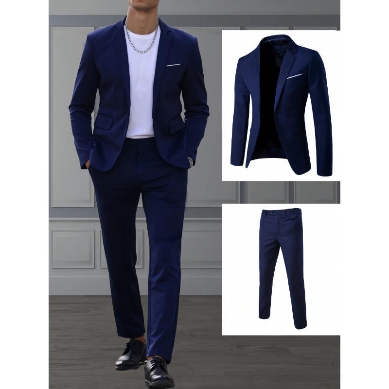 Long Sleeve Slim Fit Men's Business Casual Suit Set - Polyester Rayon Blend Blazer & Dress Pants, Perfect for Spring Fall