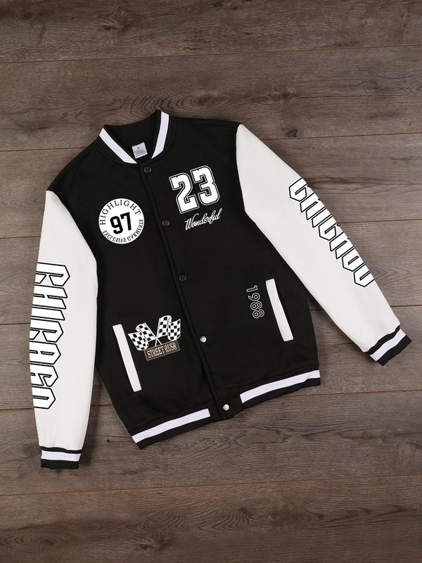 Unisex Men's Colorblock Letter & Number Print Button Front Varsity Jacket, Regular Fit Casual Long Sleeve Pocket Outerwear for Fall & Winter, Men's Clothes for Daily Wear