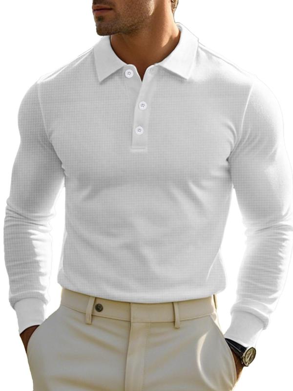 Men's Solid Long Sleeve Polo Shirt, 2024 New Style Regular Fit Casual Button Front Top for Spring & Fall, Fashion Men's Clothes for Daily Wear