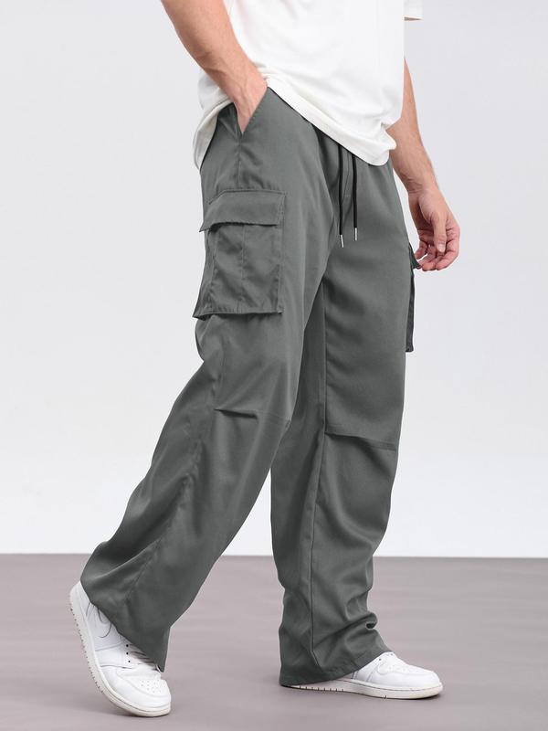 Men's Solid Drawstring Waist Cargo Pants, Loose Casual Pocket Trousers for Daily Wear, Fashion Men's Bottoms for All Seasons, 2000s Pants, Cargo Pants Men