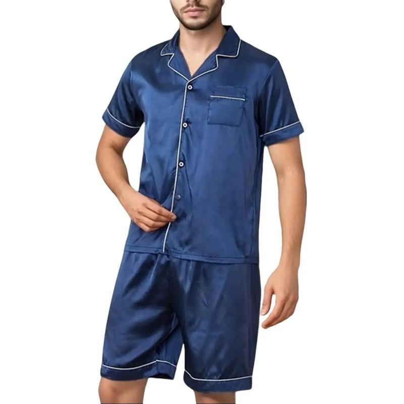 Men's Short Sleeve Soft Satin 2 Piece Pajamas Sleepwear Button Down Pjs Set Classic Loungewear