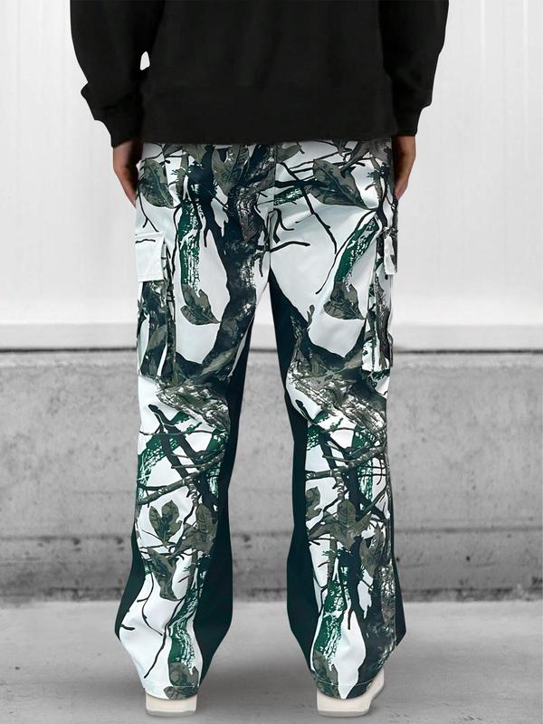 Unisex Men's All Over Print Pocket Flare Leg Cargo Pants, Loose Street Drawstring Waist Trousers, Pants for Men, Summer Bottoms for Daily Wear, Teacher Outfits 2024, Vintage Men Clothing