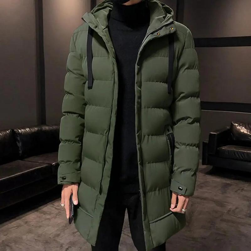 Men Long Down Jackets WinterCotton Padded Hooded Long Sleeve Drawstring Mid-length Windbreaker for Daily Wear