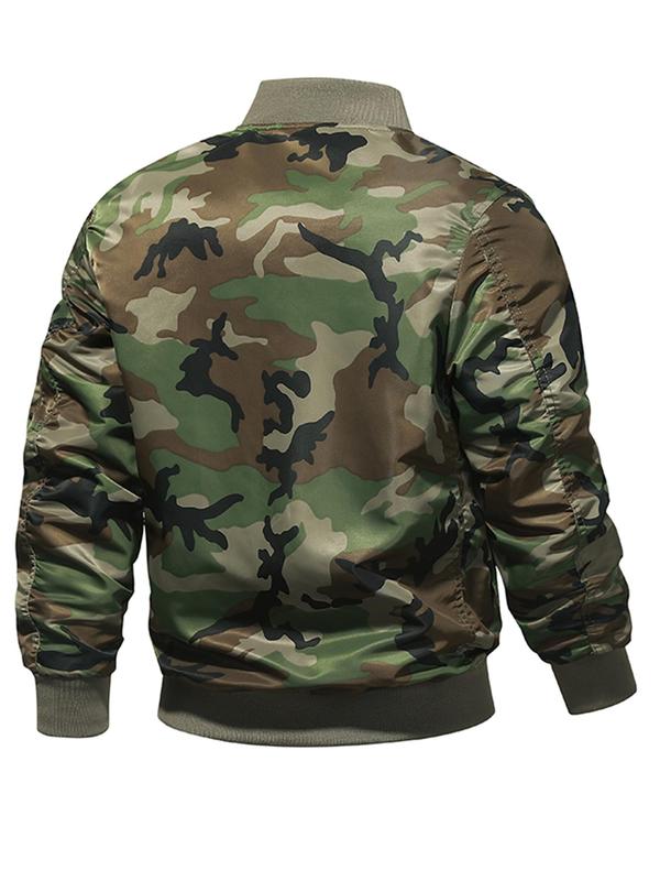 Men's Camo Print Zip Up Pocket Bomber Jacket, Regular Fit Casual Long Sleeve Stand Collar Outerwear for Fall & Winter, Men's Clothes for Daily Wear