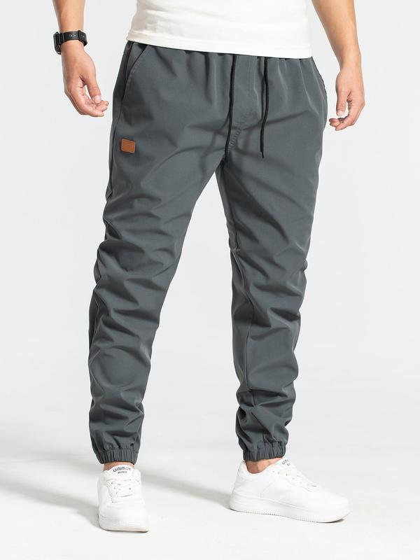 Men's Solid Patched Drawstring Waist Cargo Pants, Regular Fit Casual Pocket Trousers for Daily Wear, Men's Bottoms for All Seasons