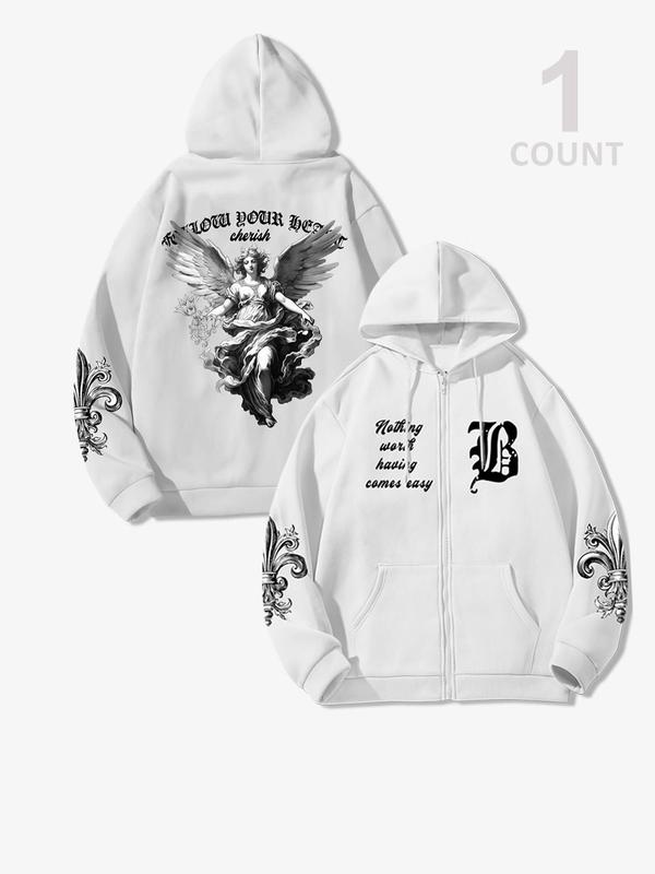 Men's Letter & Graphic Print Drawstring Zip Up Hoodie, Casual Loose Long Sleeve Pocket Hooded Sweatshirt for Fall & Winter, Men's Clothes for Daily Wear, Poser Hoodie