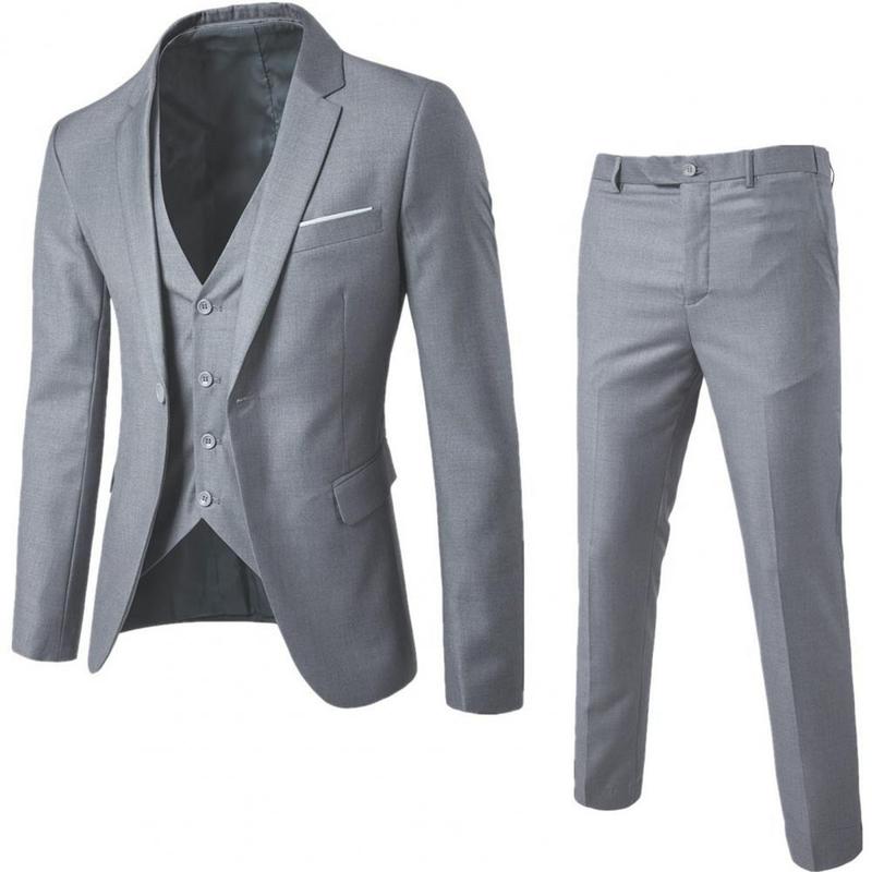 Men Three-piece Suit Elegant Men's Formal Business Suit Set with Slim Fit Coat Pants Vest Solid Color Groom Wedding Attire