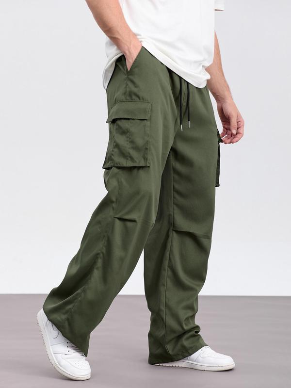 Men's Solid Drawstring Waist Cargo Pants, Loose Casual Pocket Trousers for Daily Wear, Fashion Men's Bottoms for All Seasons, 2000s Pants, Cargo Pants Men